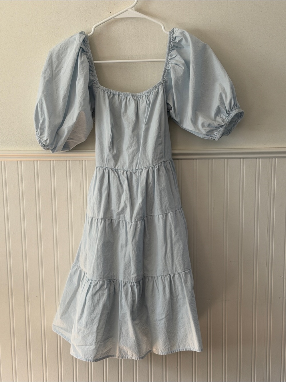 Sim &Sam Light Blue Puff Sleeve Tiered Midi Dress